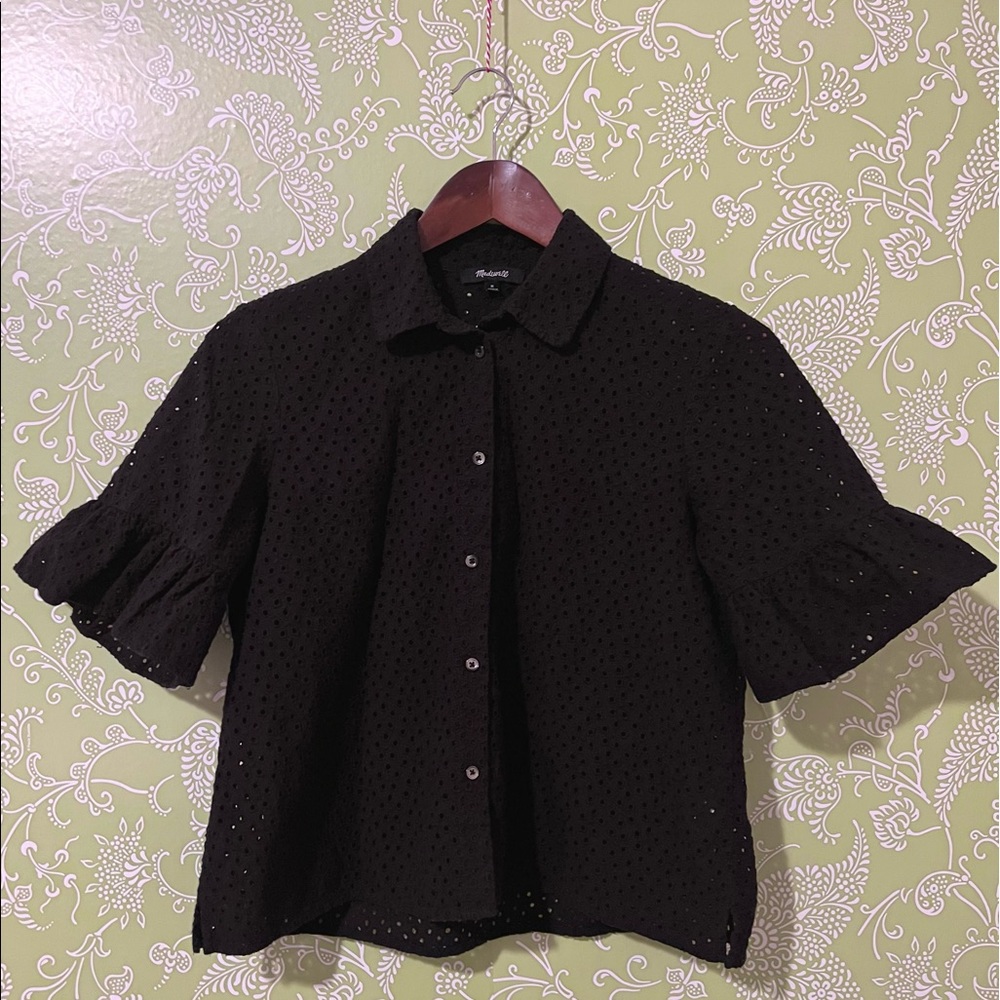 EUC Madewell Black Eyelet Bell Sleeve Shirt (Size Medium)